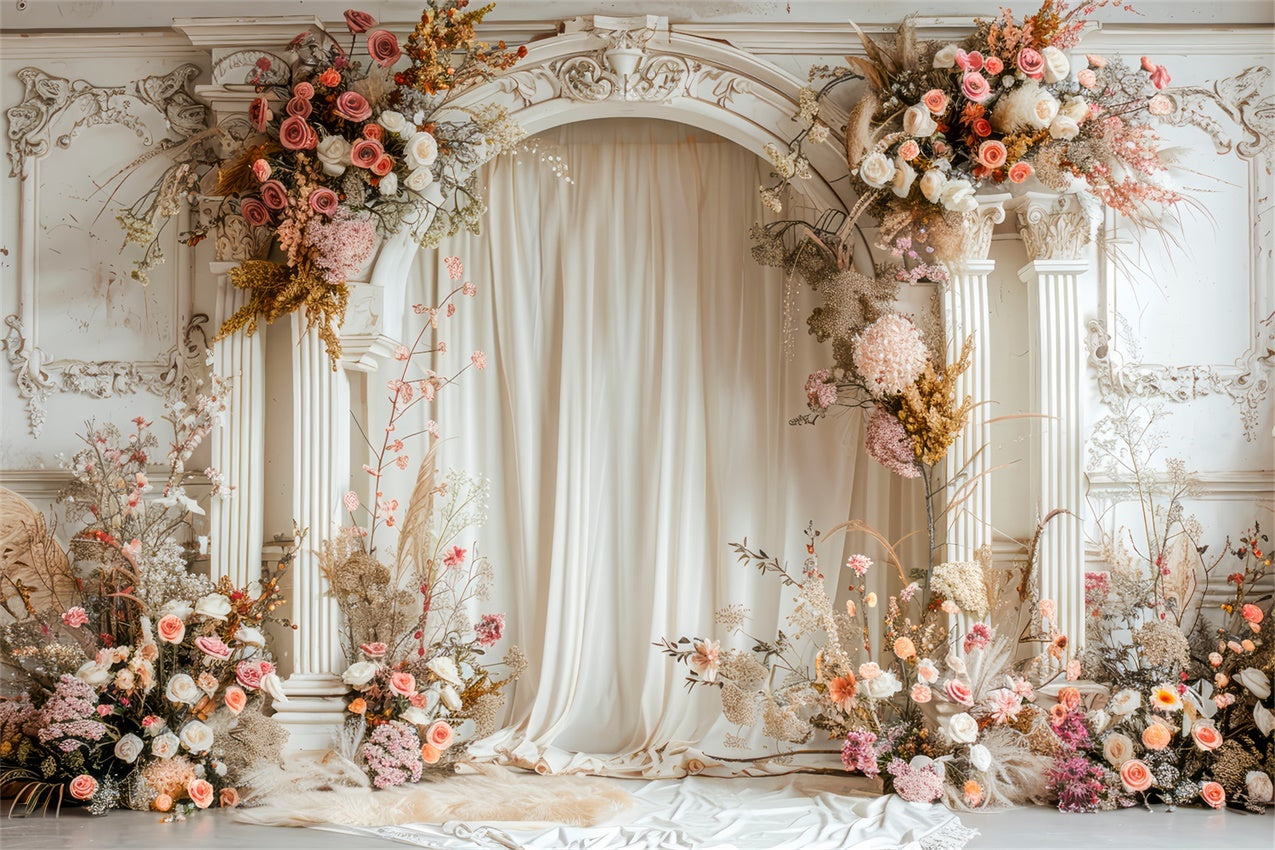 Flower Photo Backdrop Ivory Rose Arched Pillar Backdrop UK BRP1-357