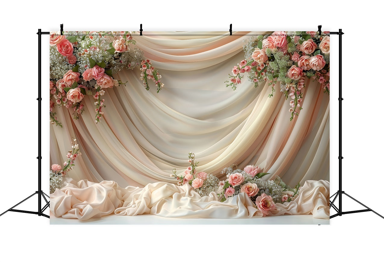 Photo Backdrop Floral Cream Rose Satin Drapery Backdrop UK BRP1-359