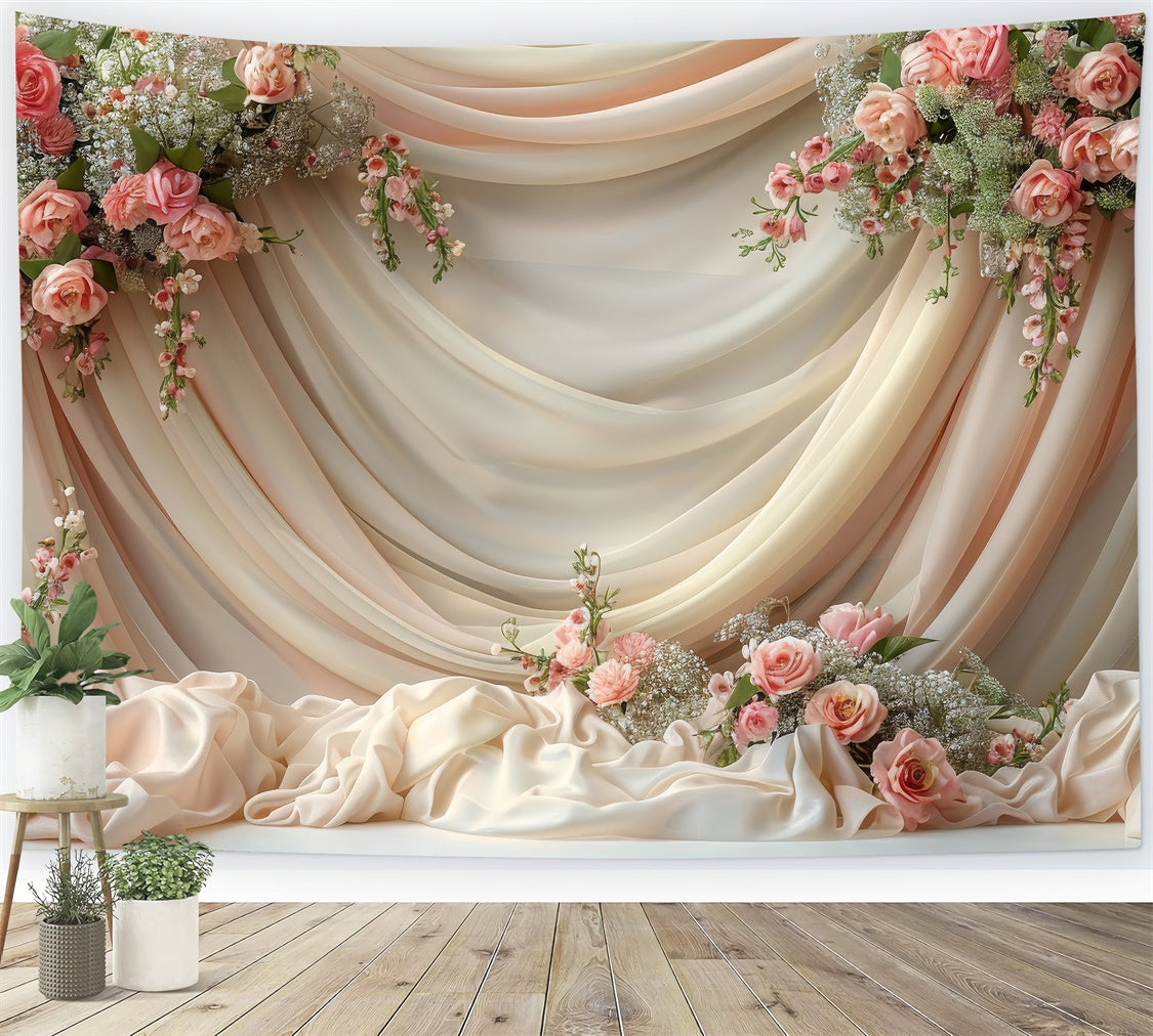 Photo Backdrop Floral Cream Rose Satin Drapery Backdrop UK BRP1-359