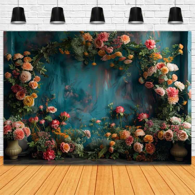 Floral Backdrops For Photography Vibrant Blooms Teal Backdrop UK BRP1-367