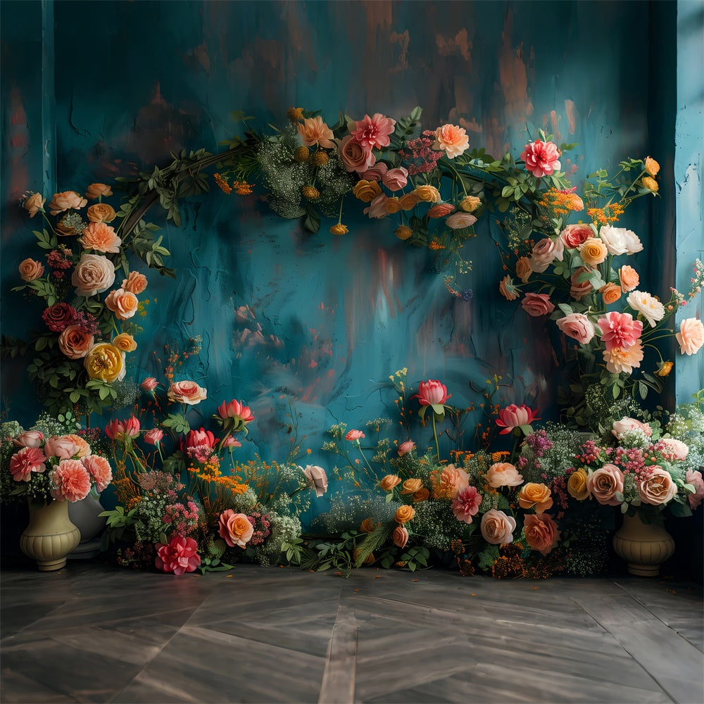 Floral Backdrops For Photography Vibrant Blooms Teal Backdrop UK BRP1-367