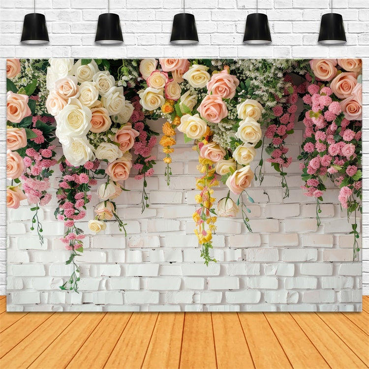 Floral Photo Backdrop Graceful Roses Rustic White Backdrop UK BRP1-371