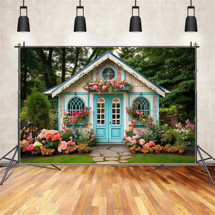 Flower Backdrop Charming Blue Cottage Garden Backdrop UK BRP1-381