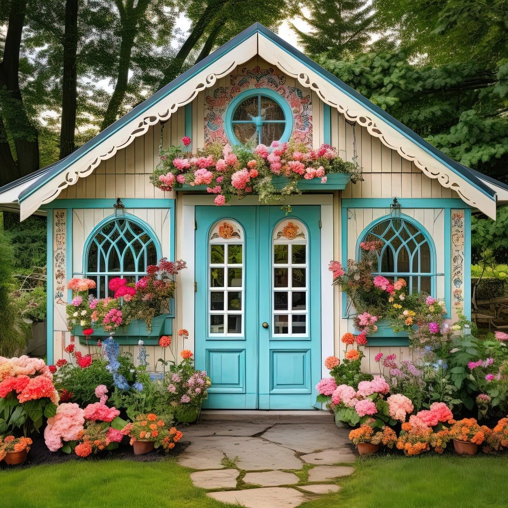 Flower Backdrop Charming Blue Cottage Garden Backdrop UK BRP1-381