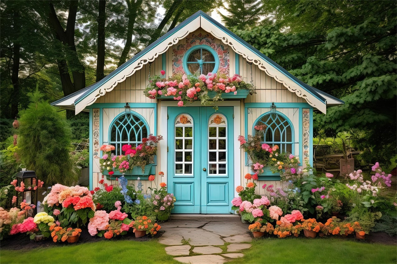 Flower Backdrop Charming Blue Cottage Garden Backdrop UK BRP1-381