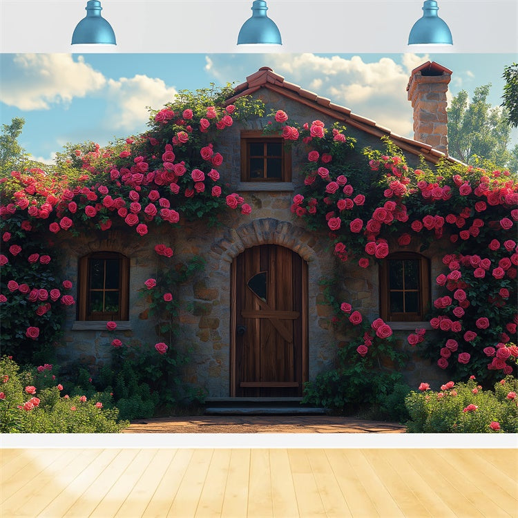 Floral Photography Backdrop Rustic Stone Cottage Rose Backdrop UK BRP1-382