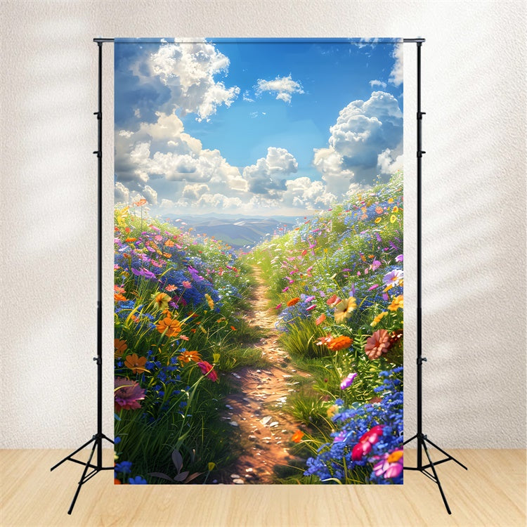 Flower Photography Backdrop Blooming Meadow Blue Sky Backdrop UK BRP1-389