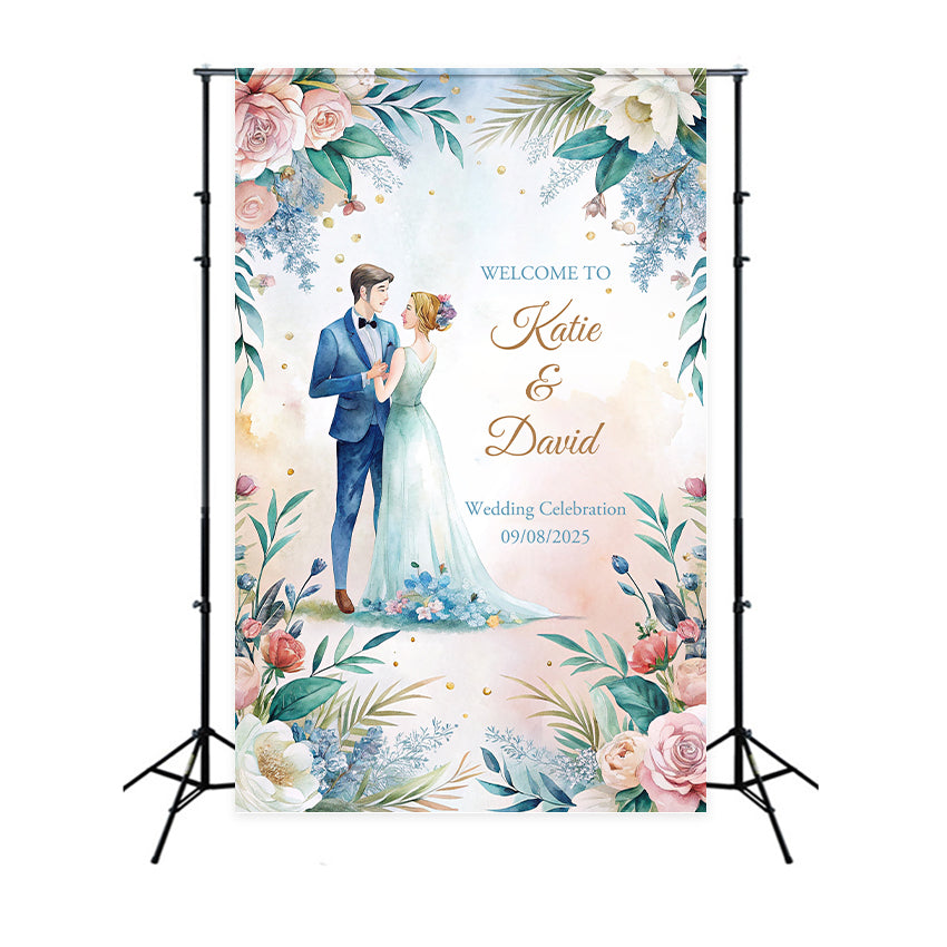 Personalized Wedding Photo Backdrop Watercolor Floral Celebration Backdrop UK BRP1-429