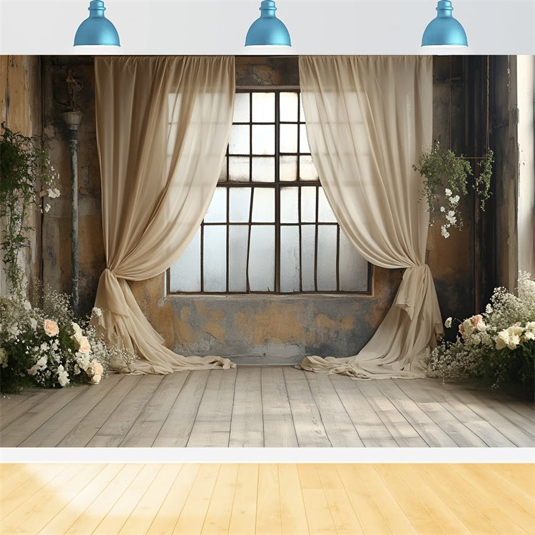 Boudoir Photo Backdrops Beige Curtains Floral Window Backdrop UK BRP1-488