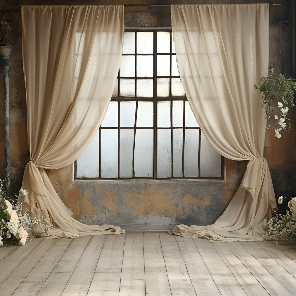 Boudoir Photo Backdrops Beige Curtains Floral Window Backdrop UK BRP1-488