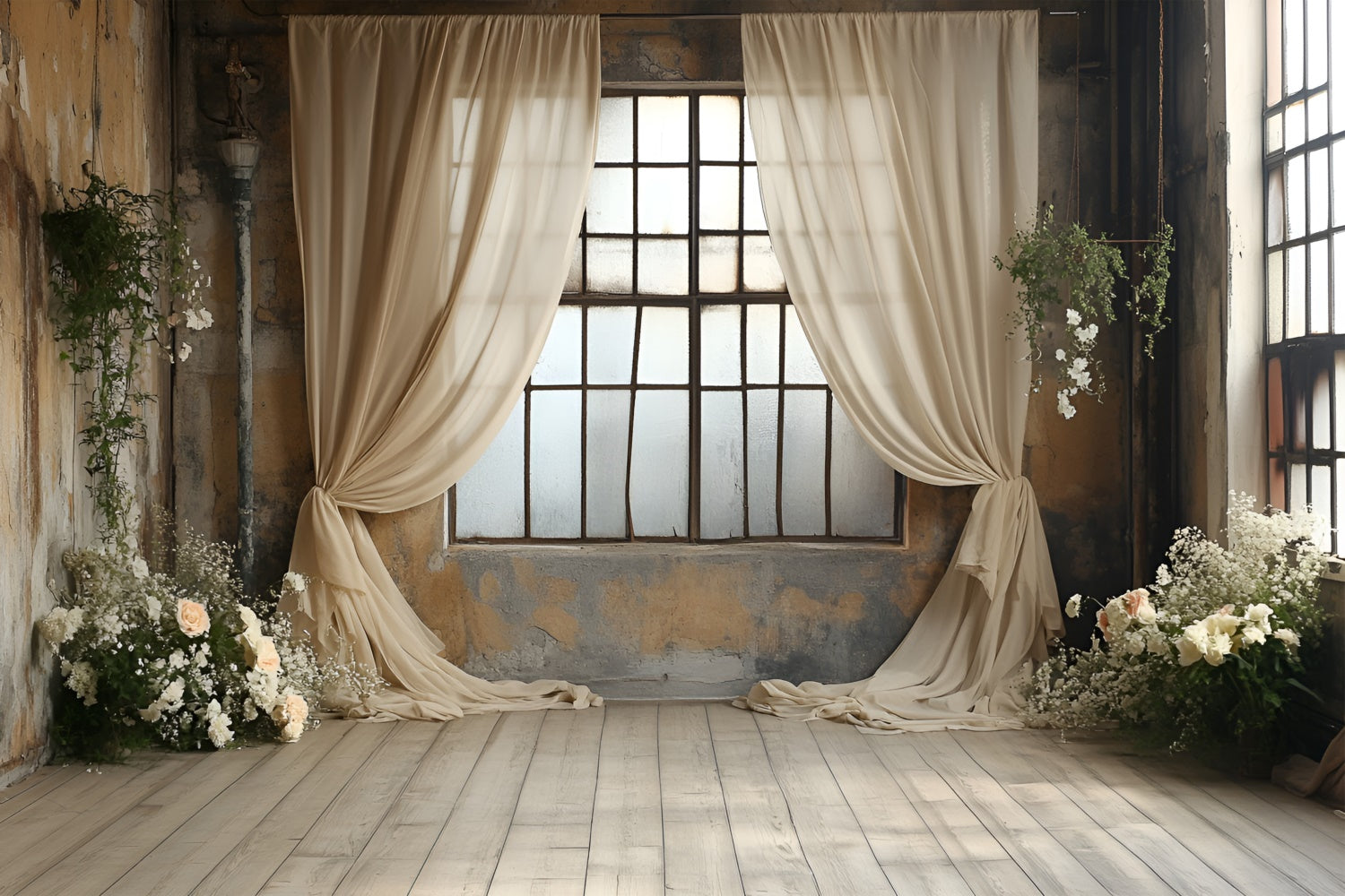 Boudoir Photo Backdrops Beige Curtains Floral Window Backdrop UK BRP1-488