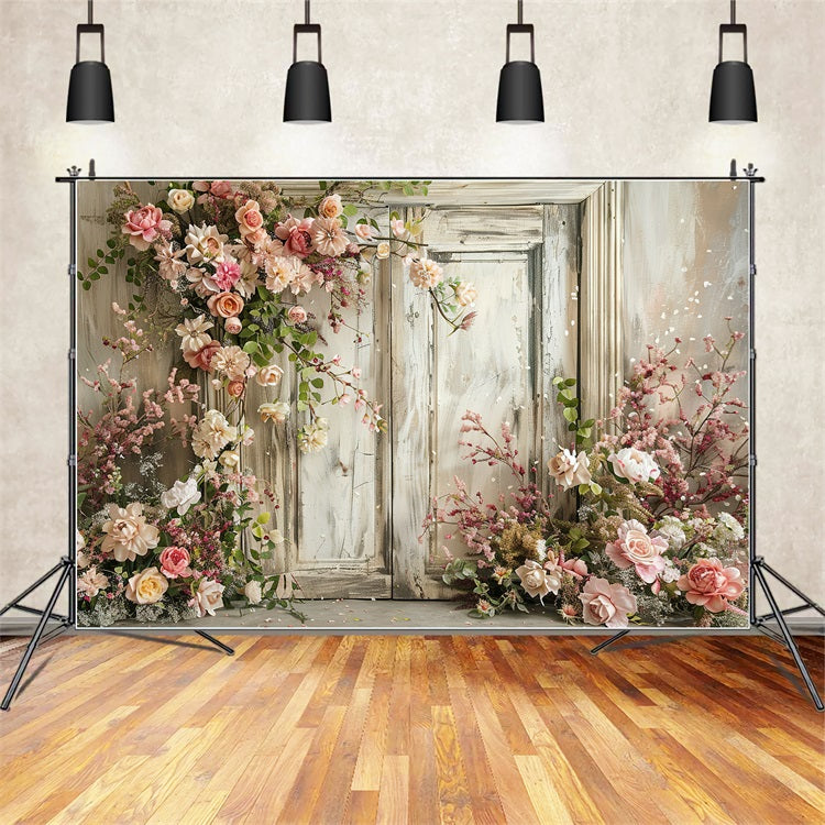 Floral Photo Backdrop Vintage Wooden Door Backdrop UK BRP1-500