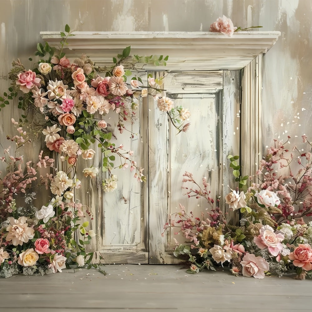 Floral Photo Backdrop Vintage Wooden Door Backdrop UK BRP1-500