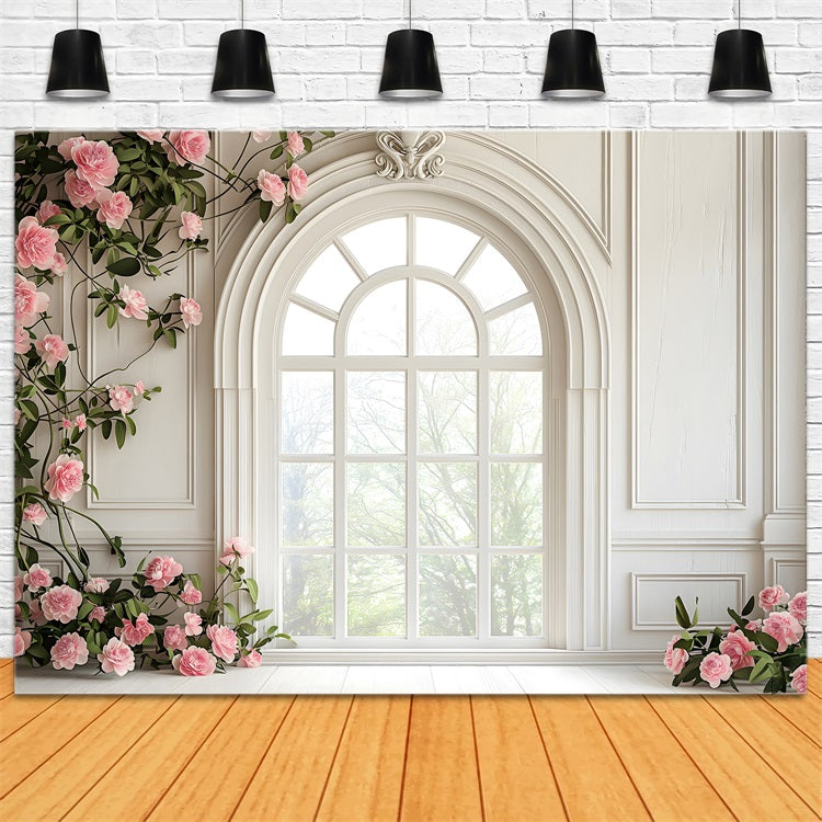 Floral Photography Backdrops White Window Pink Rose Backdrop UK BRP1-502