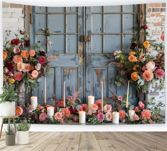 Floral Photo Backdrop Antique Blue Door Floral Backdrop UK BRP1-503