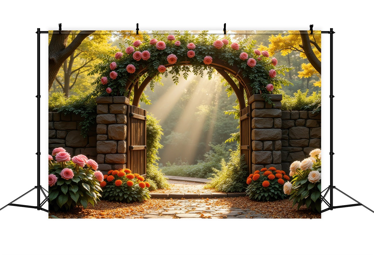 Floral Backdrop Photography Rose-Laden Stone Arch Backdrop UK BRP1-514