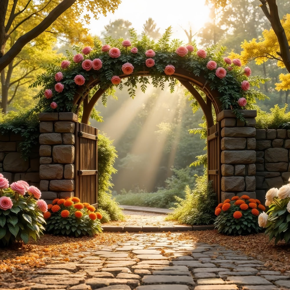 Floral Backdrop Photography Rose-Laden Stone Arch Backdrop UK BRP1-514