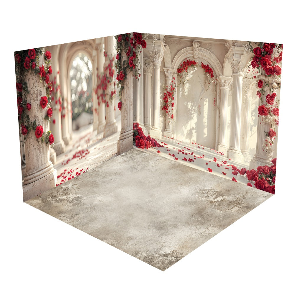 Elegant White Columns Red Rose Backdrop Room Set UK BRP1-68