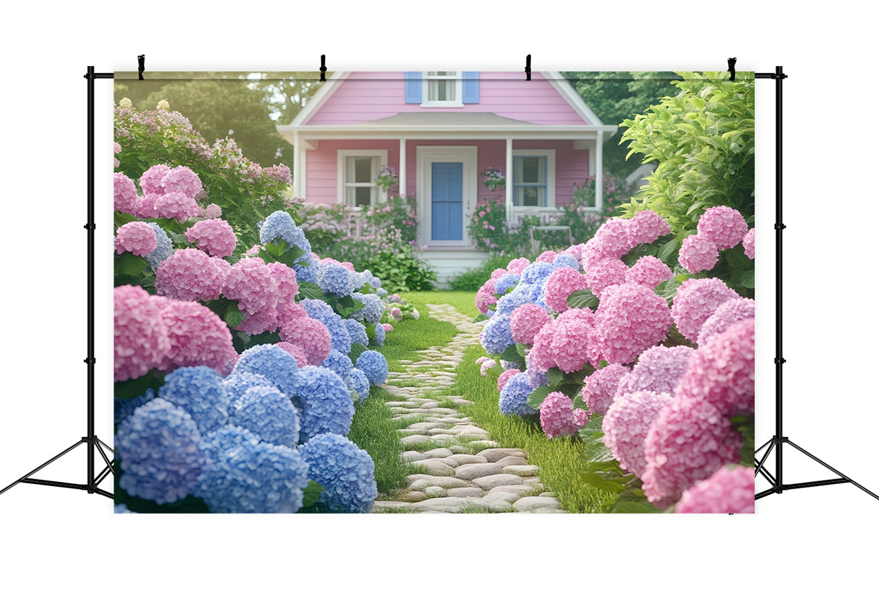 Spring Backdrop Photography Pink House Blooming Garden Backdrop UK BRP1-7