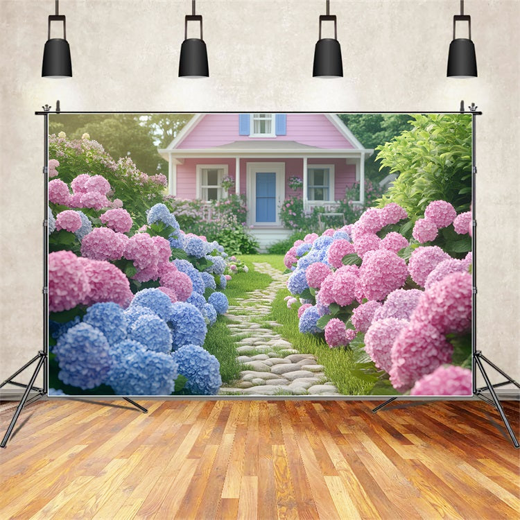 Spring Backdrop Photography Pink House Blooming Garden Backdrop UK BRP1-7