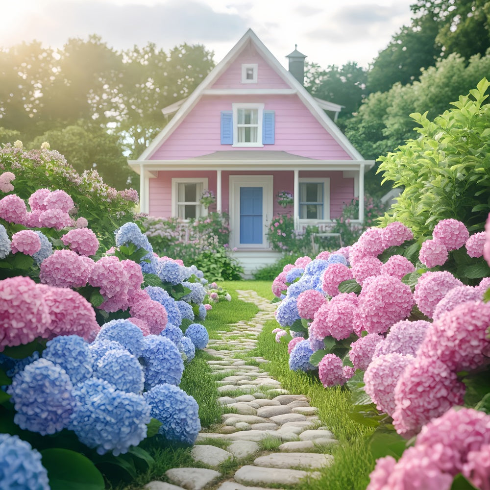 Spring Backdrop Photography Pink House Blooming Garden Backdrop UK BRP1-7