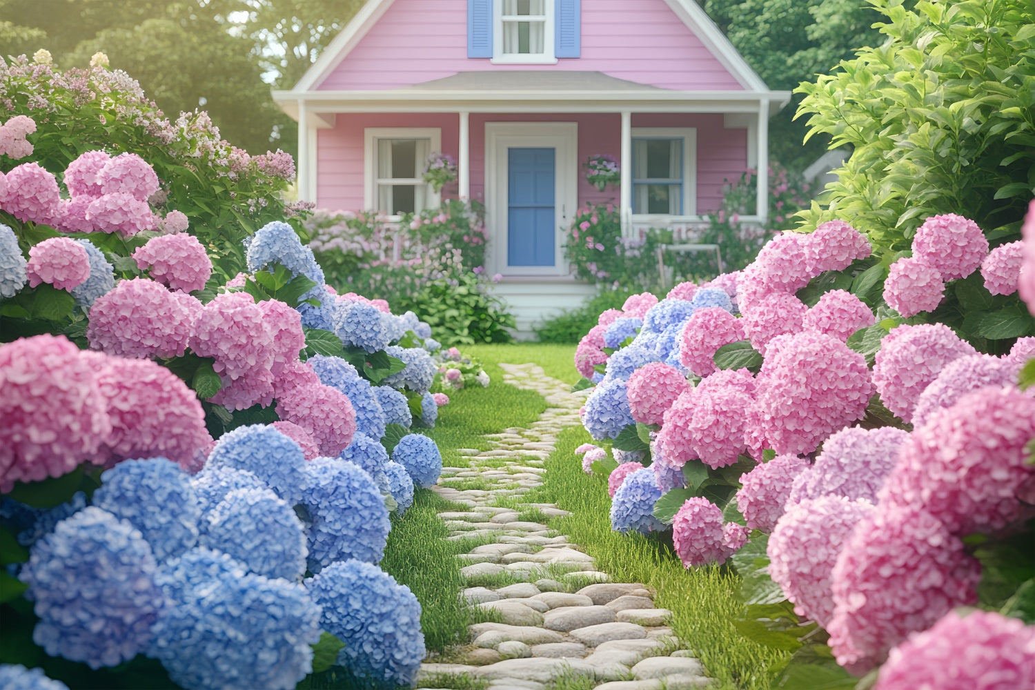 Spring Backdrop Photography Pink House Blooming Garden Backdrop UK BRP1-7