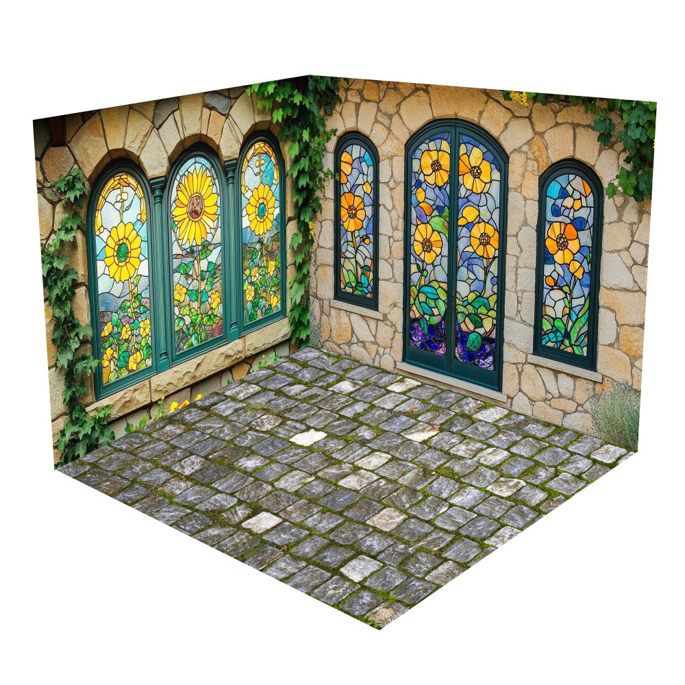 Spring Sunflower Stained Glass Windows Backdrop Room Set UK BRP1-73