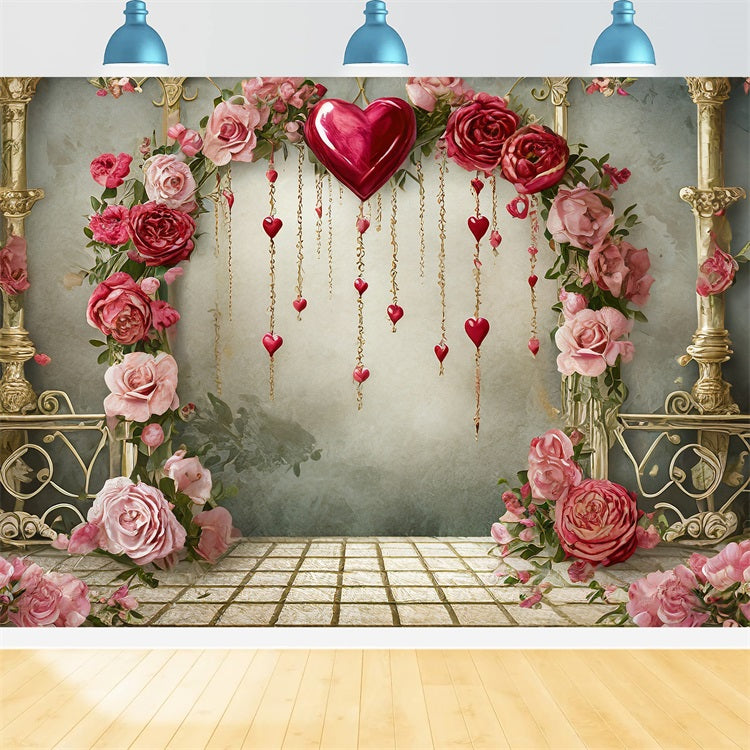 Valentine Backdrops Romantic Roses Hanging Hearts Backdrop UK BRP1-91