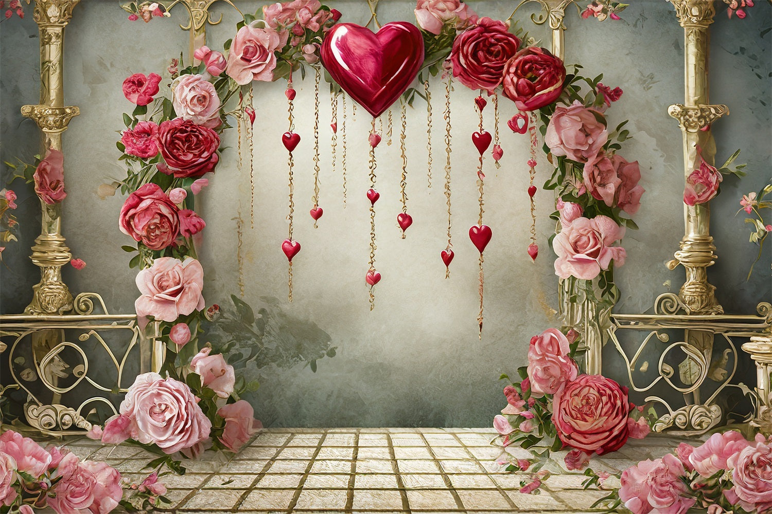 Valentine Backdrops Romantic Roses Hanging Hearts Backdrop UK BRP1-91