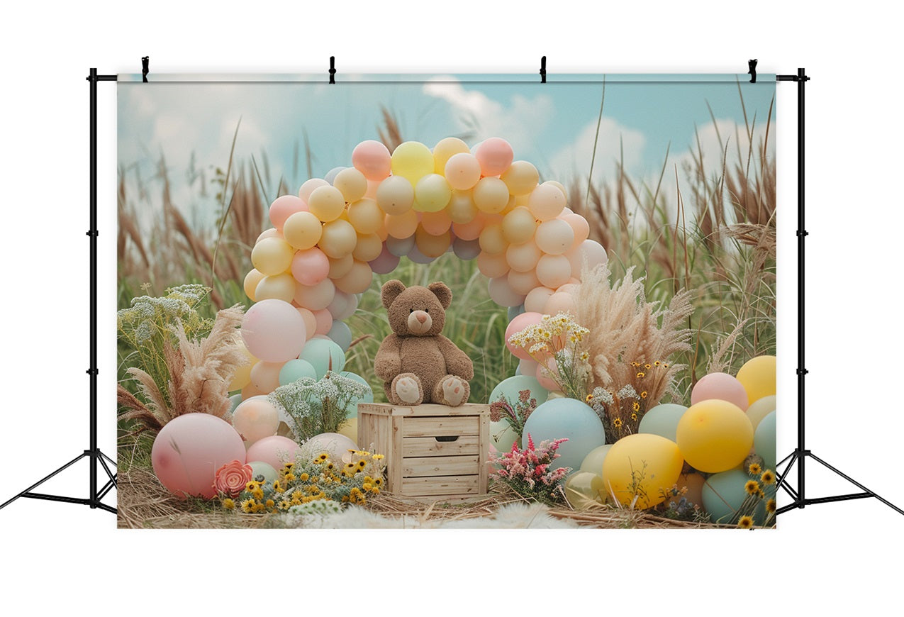 Pastel Balloon Arch Teddy Bear Boho Backdrop UK BRP10-107