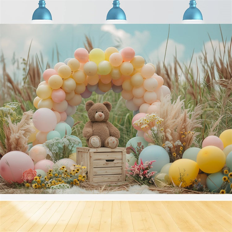 Pastel Balloon Arch Teddy Bear Boho Backdrop UK BRP10-107