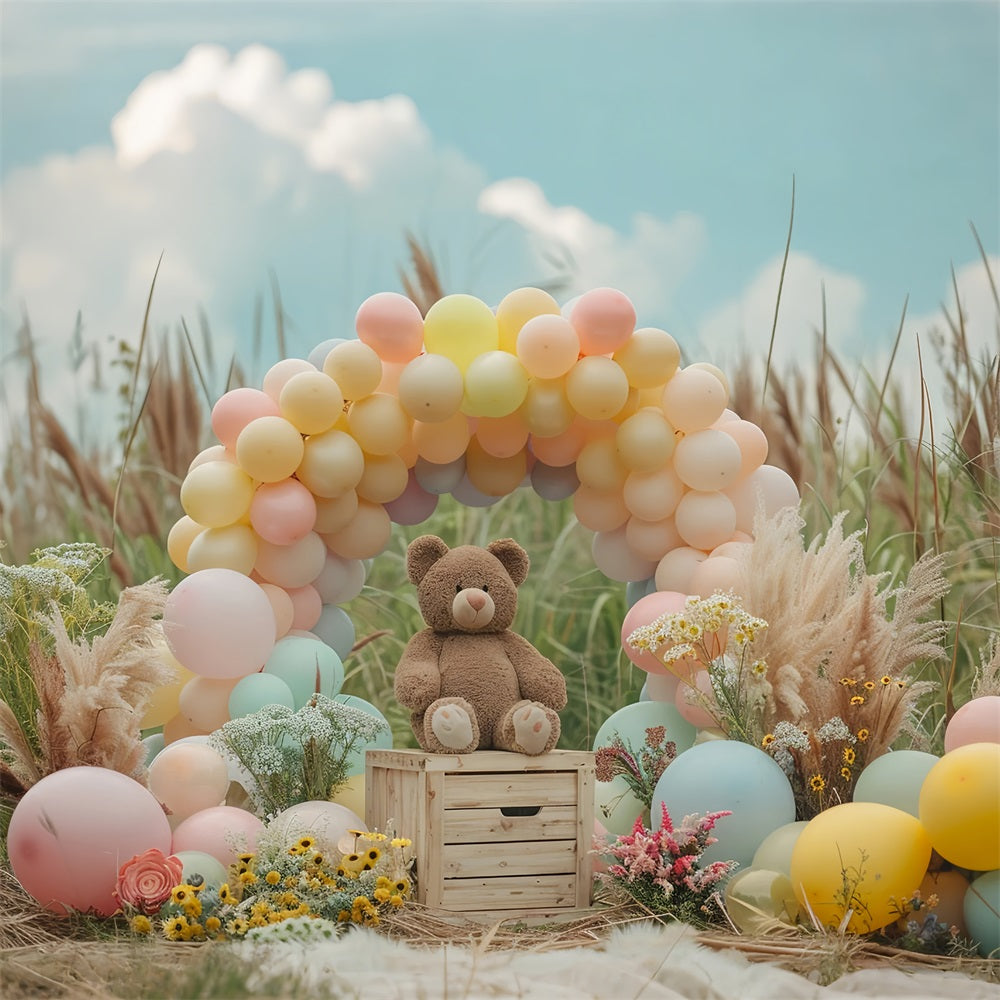 Pastel Balloon Arch Teddy Bear Boho Backdrop UK BRP10-107