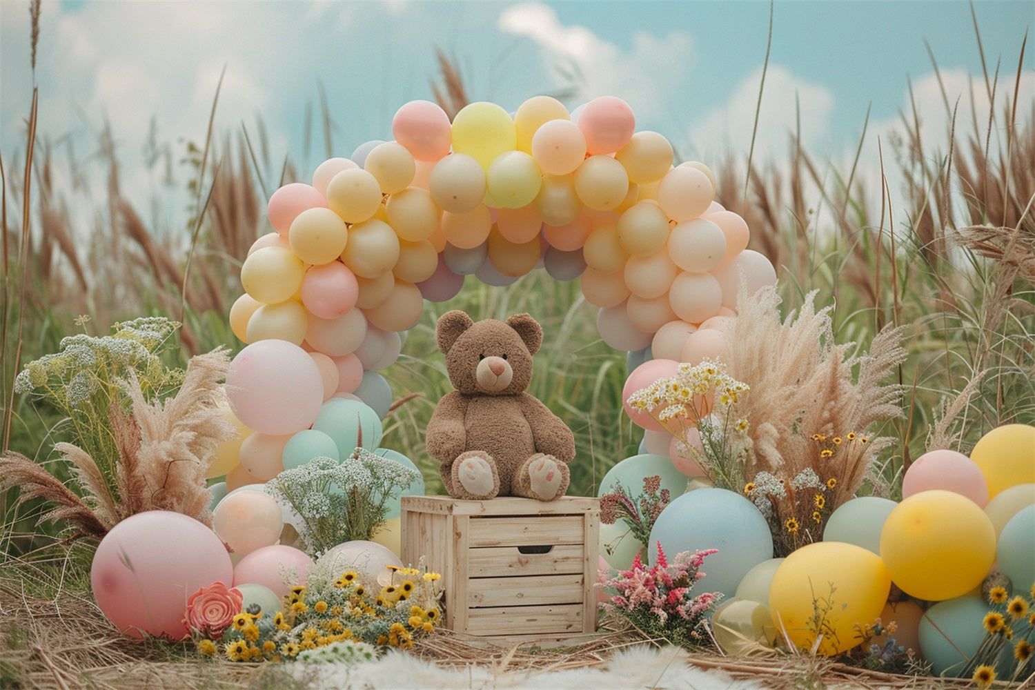 Pastel Balloon Arch Teddy Bear Boho Backdrop UK BRP10-107