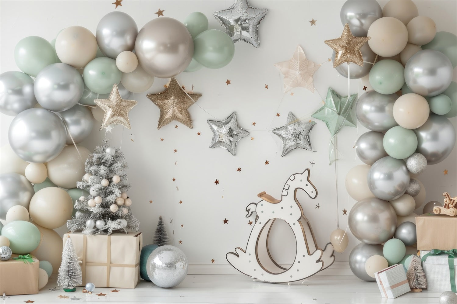 Botanical Silver Star Balloon Rocking Horse Backdrop UK BRP10-112