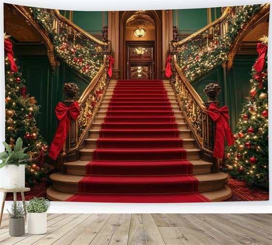 Christmas Photo Backdrop Stairs Twinkling Lights Ornaments Backdrop UK BRP10-127