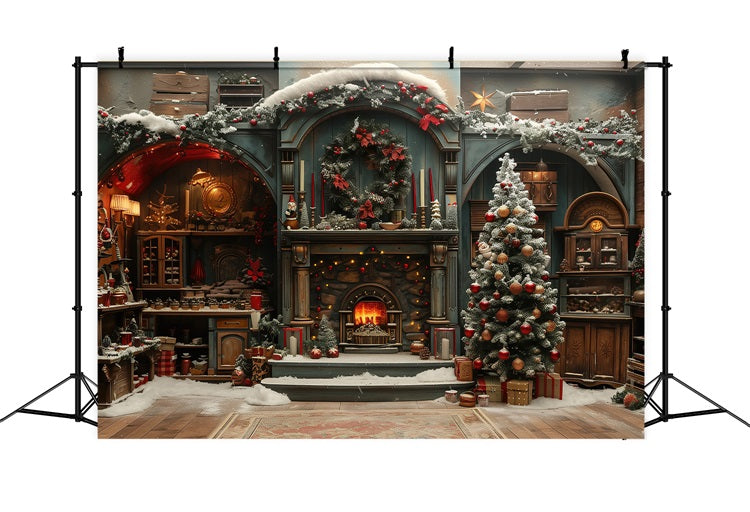 Christmas Backdrops Fireplace Decorated Tree Backdrop UK BRP10-129