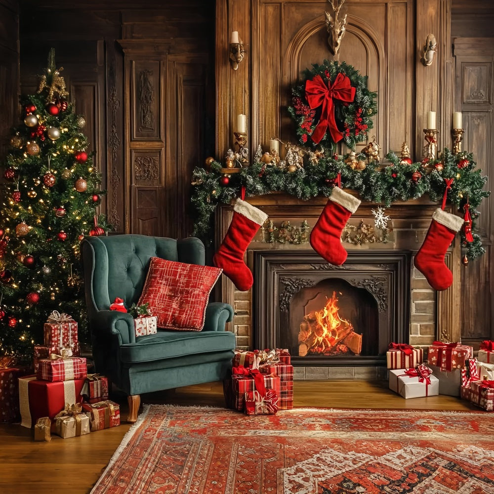 Christmas Backdrop Fireplace Stockings Backdrop UK BRP10-133