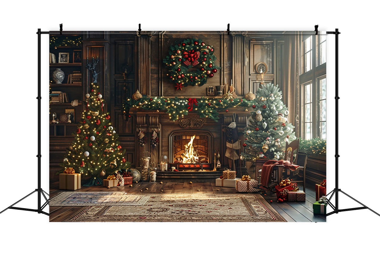 Backdrop Christmas Fireplace Scene Twinkling Lights Backdrop UK BRP10-134