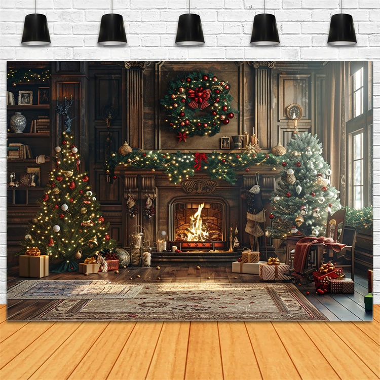 Backdrop Christmas Fireplace Scene Twinkling Lights Backdrop UK BRP10-134