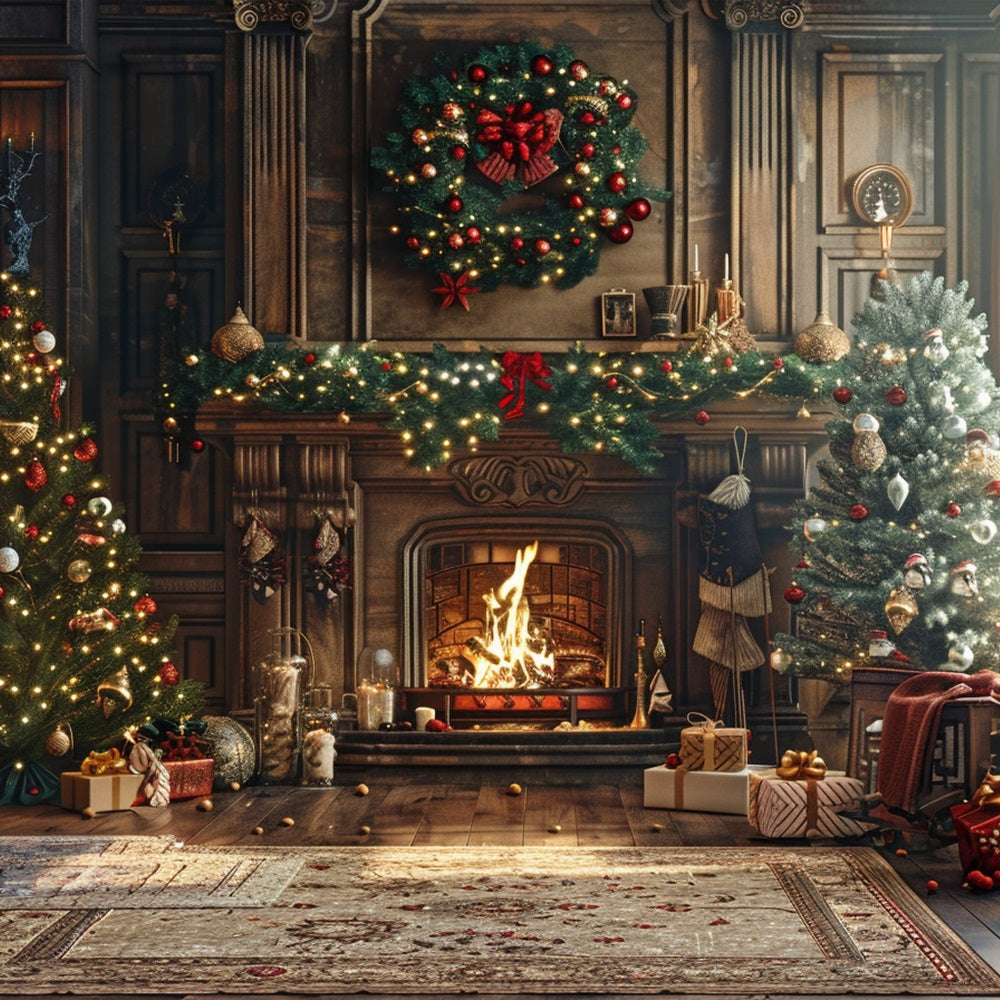 Backdrop Christmas Fireplace Scene Twinkling Lights Backdrop UK BRP10-134