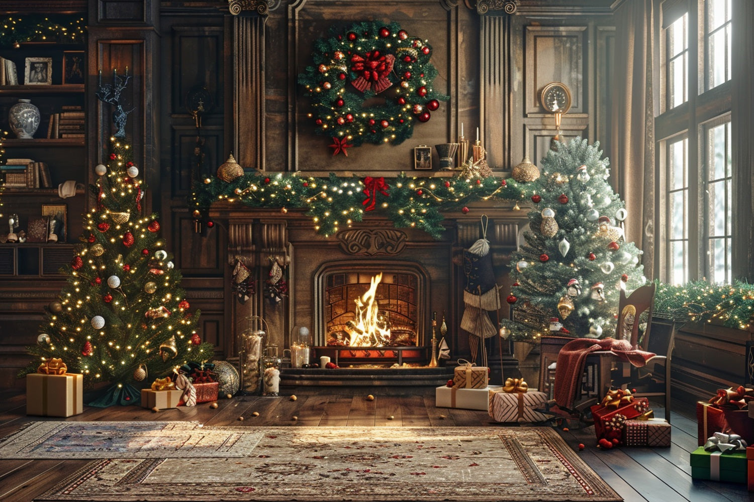 Backdrop Christmas Fireplace Scene Twinkling Lights Backdrop UK BRP10-134