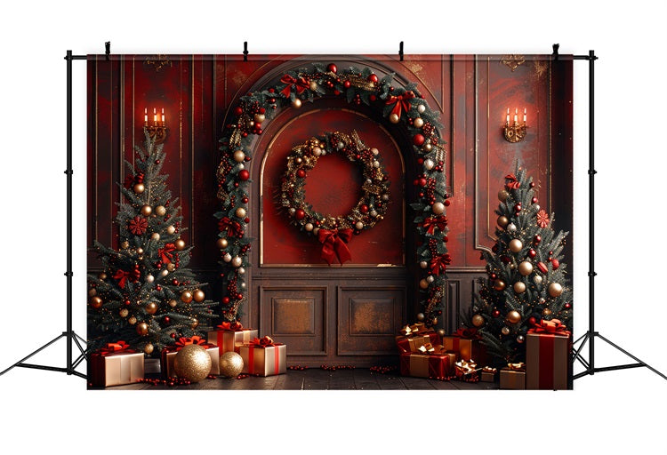 Christmas Photography Backdrop Red Wall Trees Gifts Backdrop UK BRP10-138