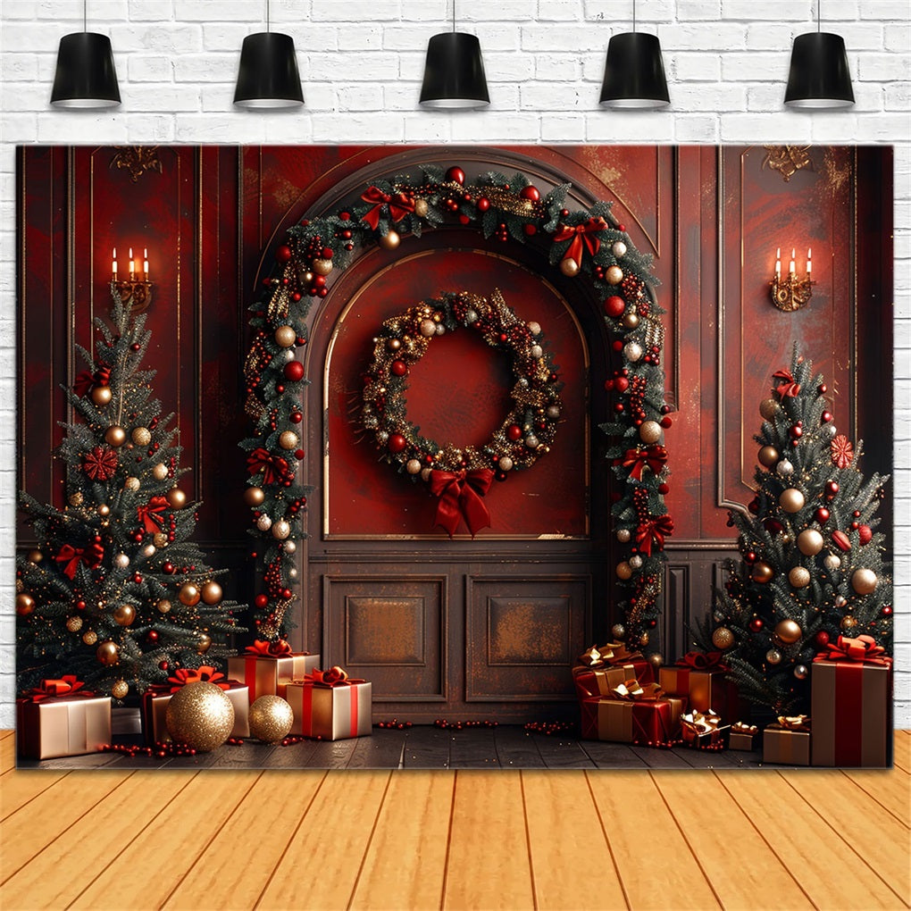 Christmas Photography Backdrop Red Wall Trees Gifts Backdrop UK BRP10-138