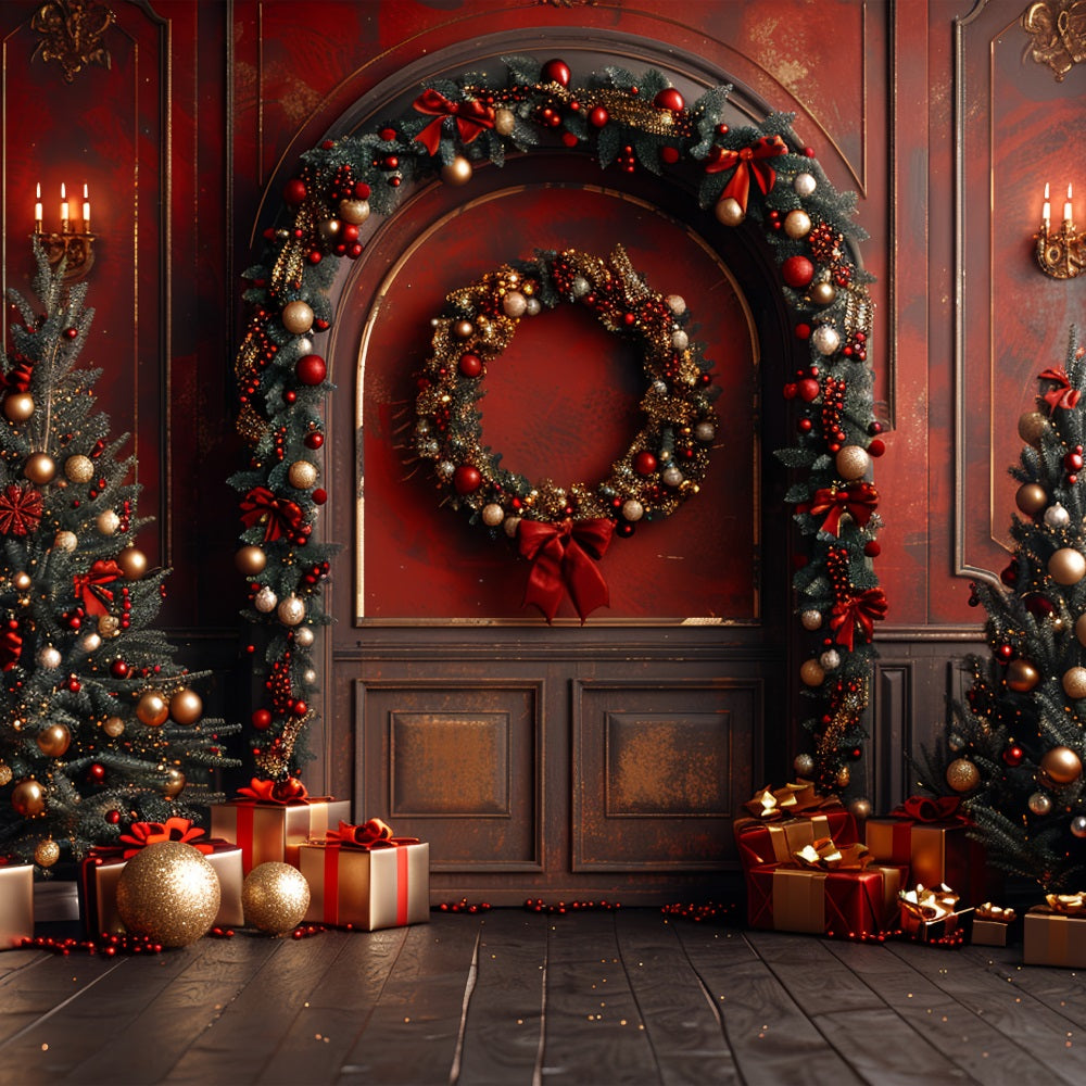 Christmas Photography Backdrop Red Wall Trees Gifts Backdrop UK BRP10-138