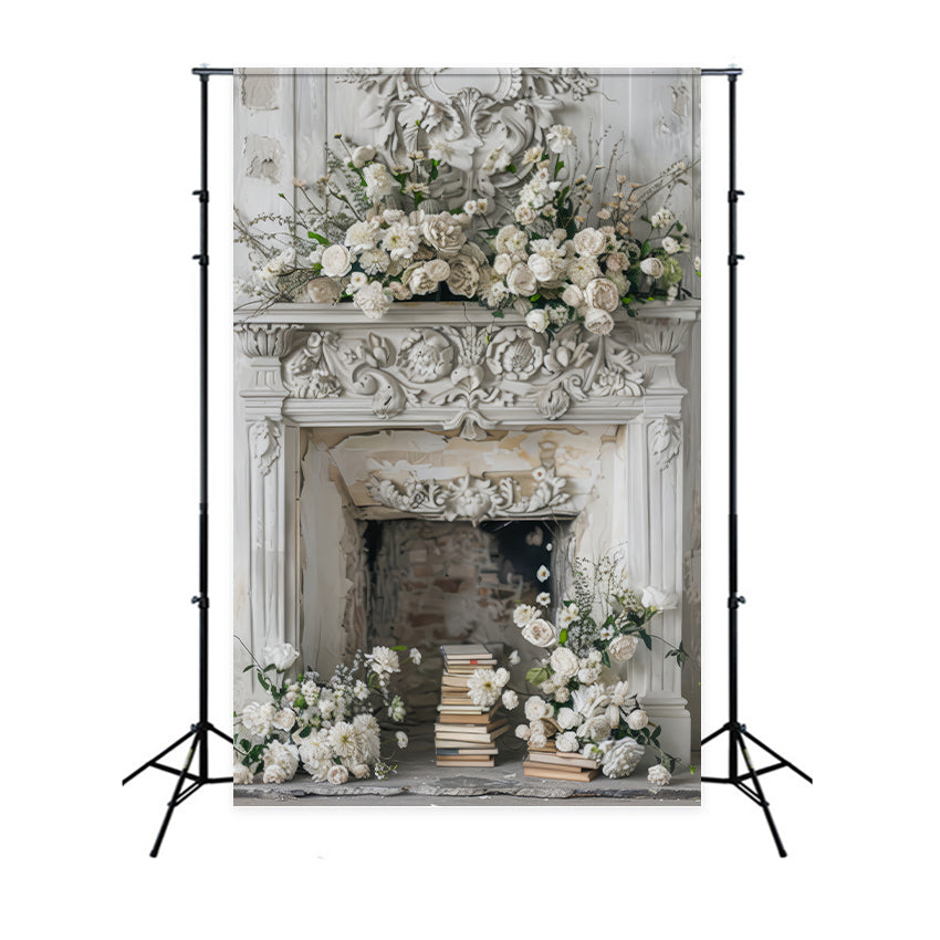 Christmas Fireplace Backdrop White Floral Accents Backdrop UK BRP10-154