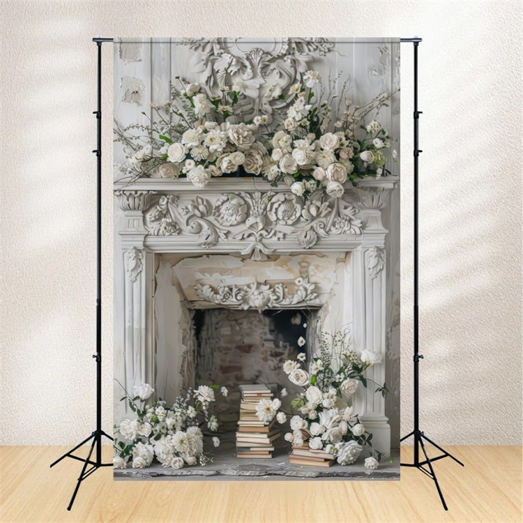 Christmas Fireplace Backdrop White Floral Accents Backdrop UK BRP10-154