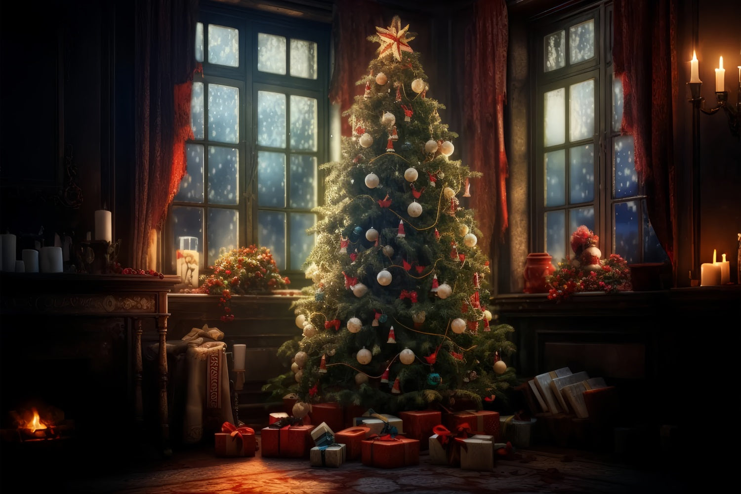 Photo Christmas Backdrop Candlelit Room Tree Backdrop UK BRP10-157