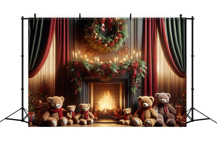 Christmas Wreath Backdrop Bear Family Gathering Fireplace Backdrop UK BRP10-162