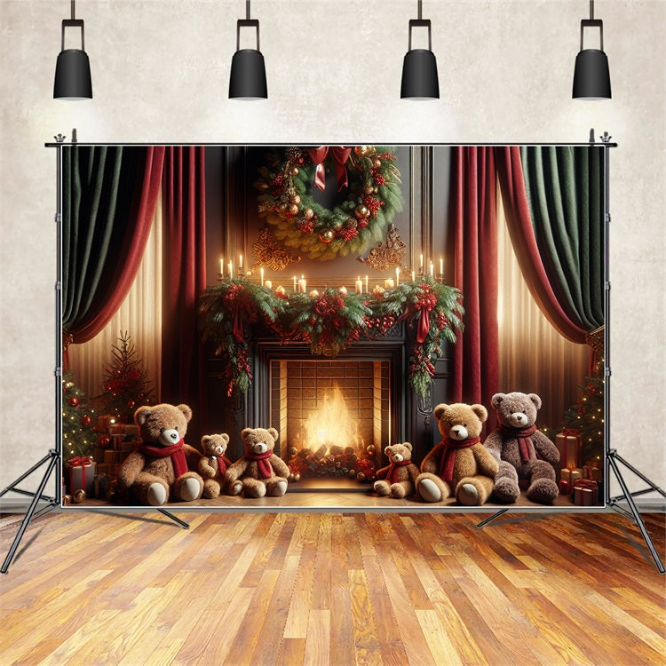 Christmas Wreath Backdrop Bear Family Gathering Fireplace Backdrop UK BRP10-162