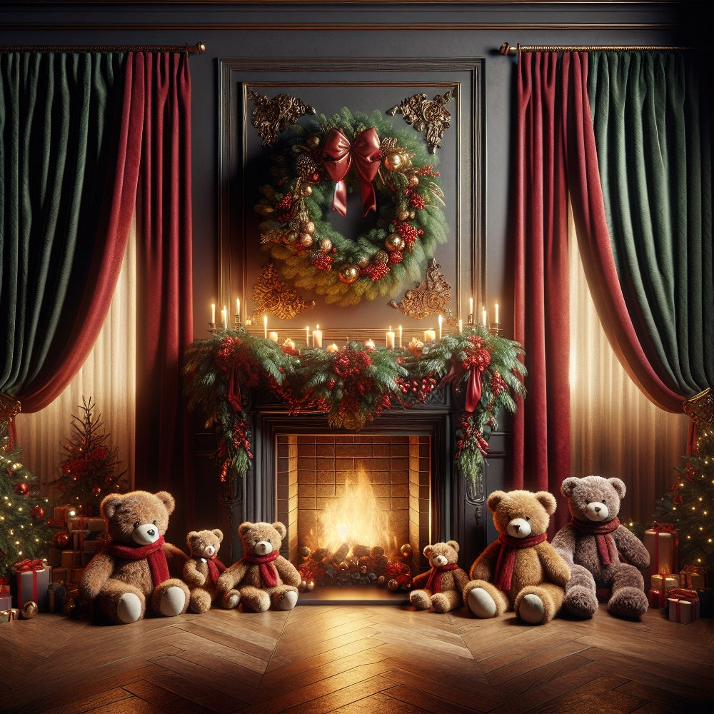 Christmas Wreath Backdrop Bear Family Gathering Fireplace Backdrop UK BRP10-162